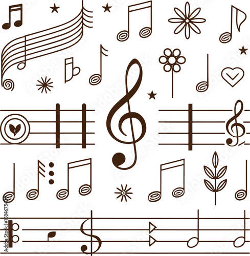 Vector musical notation with various black notes, clefs, and symbols set against a white background