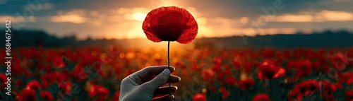 Red poppies displayed for remembrance day concept. A hand holding a vibrant red flower at sunset in a field.