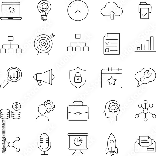 A collection of business and technology icons designed in a minimalistic, linear style, each symbol representing a different aspect of productivity, efficiency, and technological advancement. 