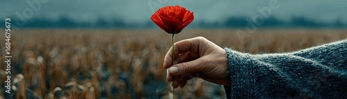 Red poppies displayed for remembrance day concept. A hand holding a vibrant red flower in a serene landscape.