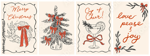 Hand drawn ink Merry Christmas vintage posters. Retro vintage new year drawing in line art print style. Xmas frames with ribbons and bows.  Minimalist vector posters in coquette doodle style.