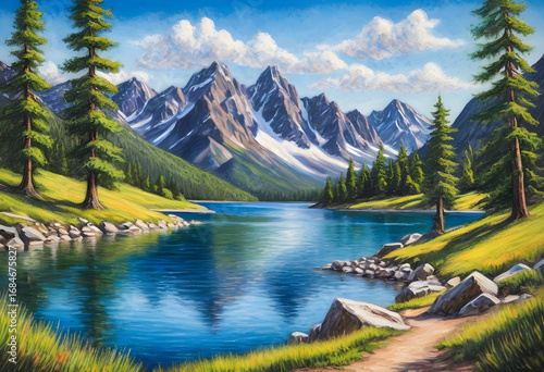 Oil pastels painting of lake in the mountains