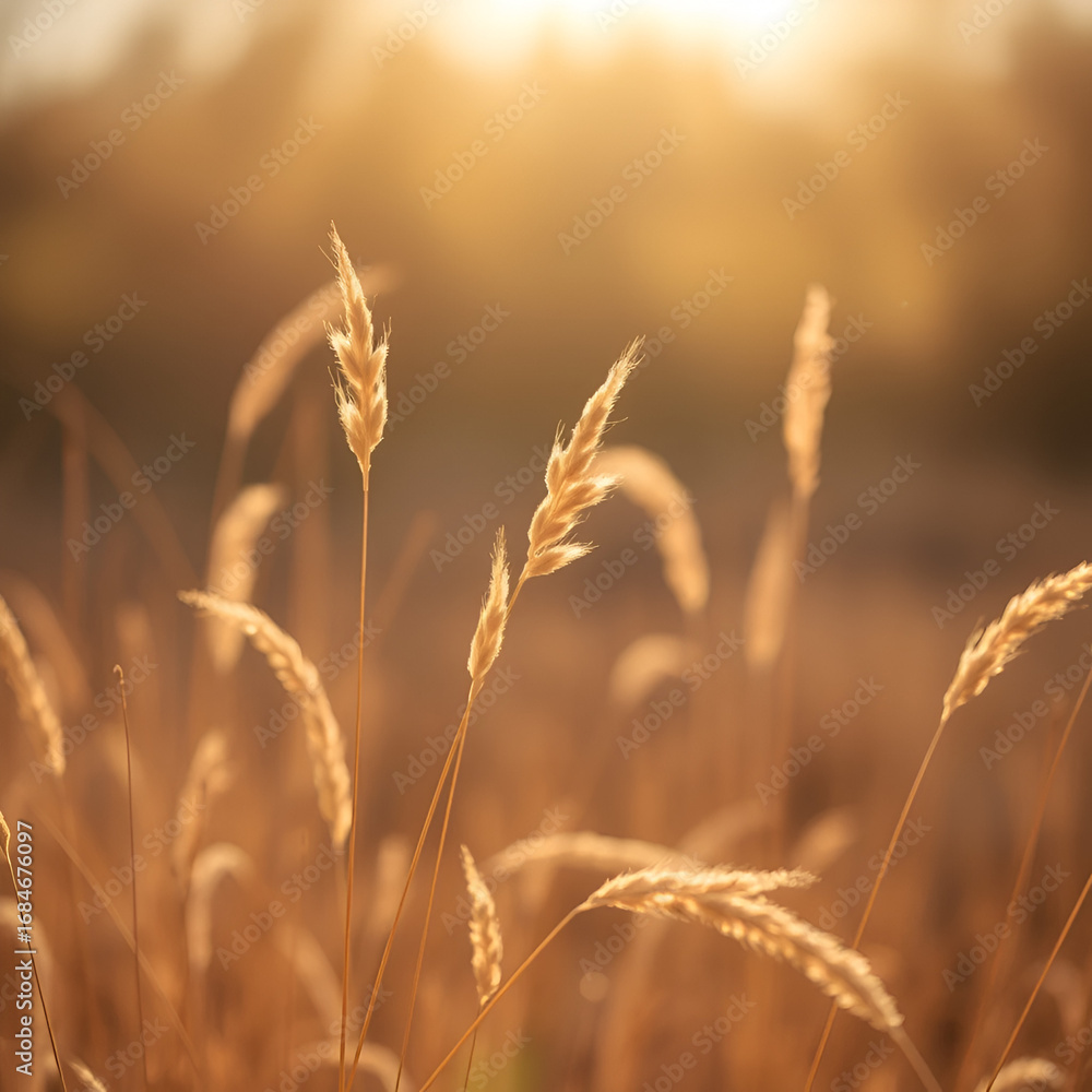 Obraz premium Wild grasses swaying at sunlight, yellow brown meadow or field, texture of autumn grass. Soft natural bokeh in background, minimal aesthetic nature landscape. Beauty of nature, earthy colored scene