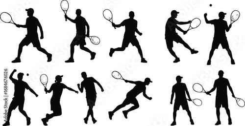 Wallpaper Mural Silhouettes of male tennis players in action with rackets, showcasing sports movement, hitting techniques, and court competition gameplay. Torontodigital.ca