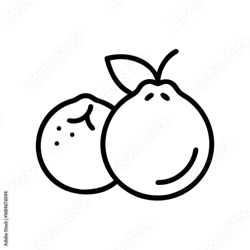Citrus Orchard Icon: A stylized monochrome illustration depicts the natural freshness of two citrus fruits, ready for harvest, one with a leaf