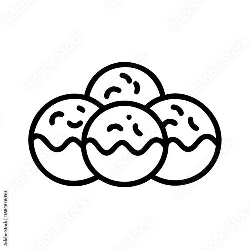 Takoyaki Delight: A delightful line art illustration of takoyaki, the iconic Japanese street food, featuring perfectly round octopus balls with signature toppings, ready to tantalize the taste buds.