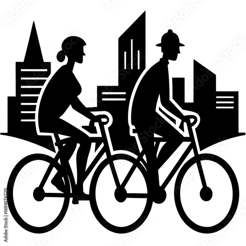 Couple cycling through city skyline bicycles