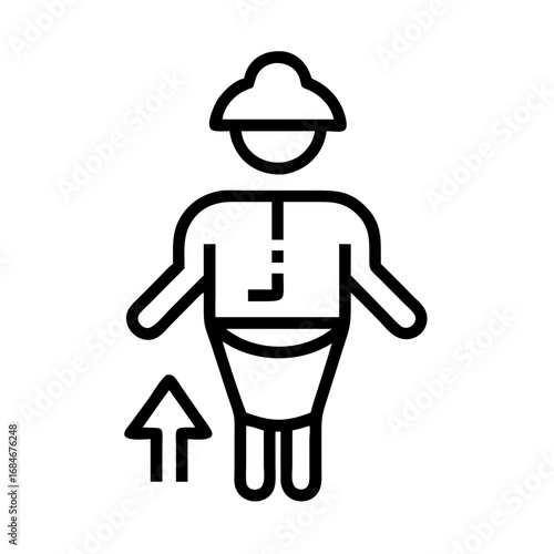 Construction Worker Icon: A simple line art illustration of a construction worker with an arrow indicating upward movement, symbolizing progress and construction.