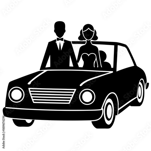 Couple driving away in car wedding silhouette