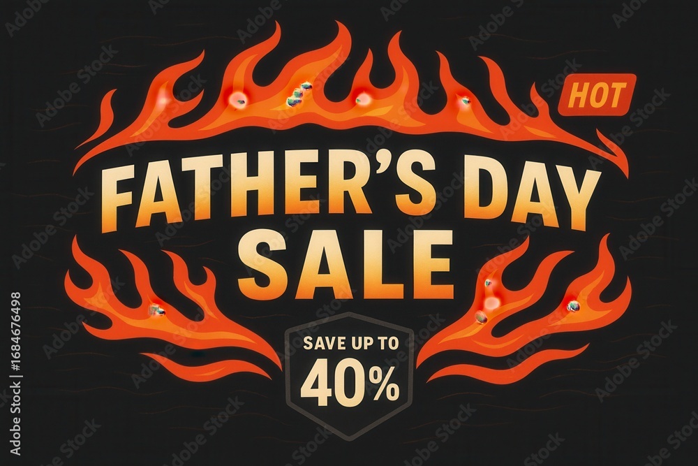 Obraz premium Bold FATHER'S DAY SALE with SAVE UP TO 40% discount offer, fiery style, striking retail promotion for gifts.