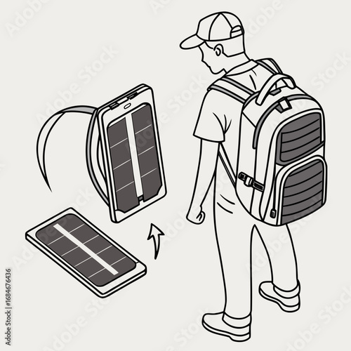 Illustration of a man with a backpack using a portable solar panel to charge his devices, showcasing sustainable energy and outdoor technology