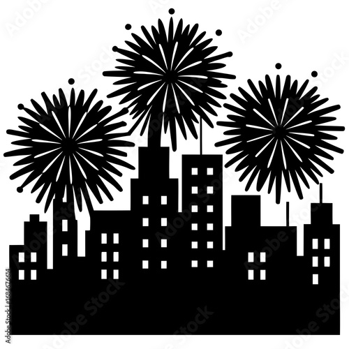 Festive fireworks explode over dark city skyline silhouette