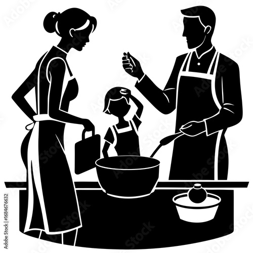 Family cooking together kitchen scene parents child