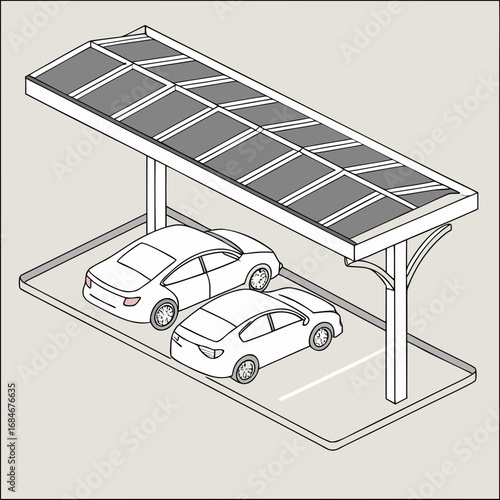 Vector art of isometric illustration of a carport with solar panels providing shade for parked cars, representing sustainable energy and electric vehicle charging infrastructure