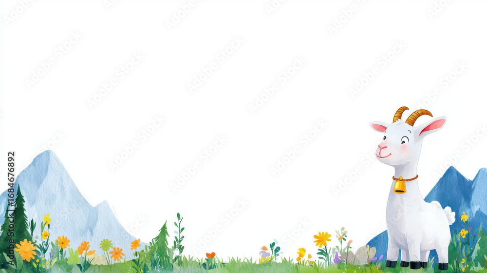 Fototapeta premium Cheerful cartoon goat stands in vibrant meadow filled with colorful flowers and mountains in background, evoking sense of joy and nature
