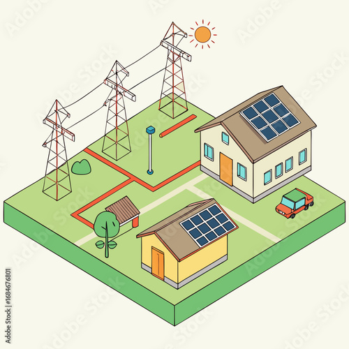 Vector art of isometric illustration of a town with houses using solar panels for renewable energy, power lines, and a car