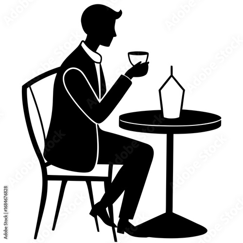 Man in suit sipping coffee at cafe table vector