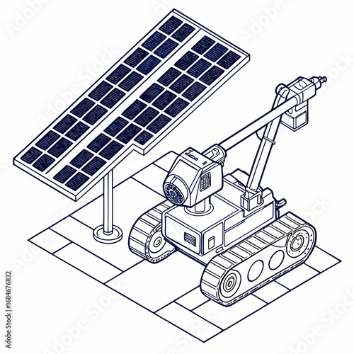 Vector art of isometric line art illustration of a solar panel cleaning robot on a tiled floor, showcasing sustainable technology and renewable energy solutions for a cleaner future