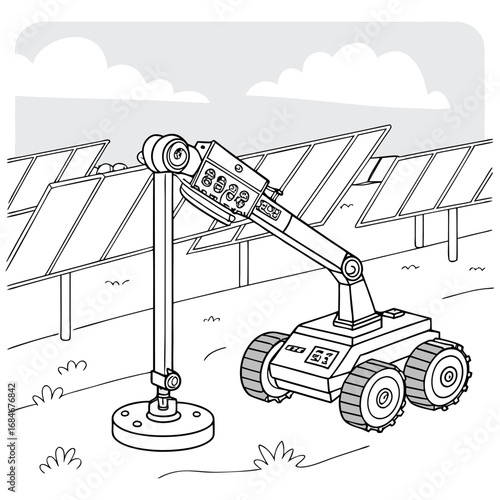Vector art of line art illustration of a solar panel cleaning robot inspecting a field of solar panels, emphasizing renewable energy and sustainable technology for a cleaner environment