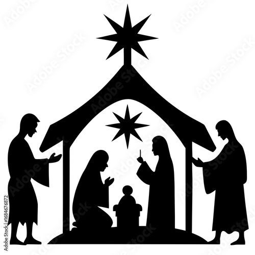 Nativity scene silhouette figures stable star christmas