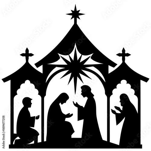 Silhouette nativity scene figures under star christmas