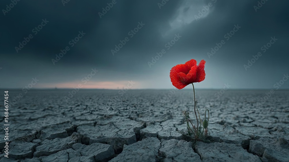 Fototapeta premium Red poppies displayed for remembrance day concept. A solitary red poppy blooms in a cracked, desolate landscape.