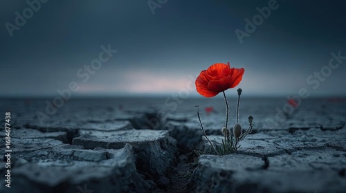 Red poppies displayed for remembrance day concept. A single red poppy stands resilient on cracked, barren soil.