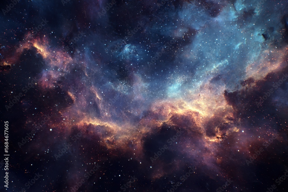 Fototapeta premium Journey through vast galaxies and vibrant nebulae in the cosmos with sparkling stars scattered in the infinite expanse of space