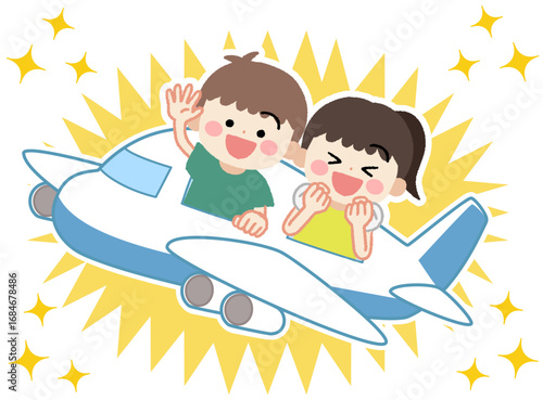 飛行機で旅行する子供たちのイラスト
