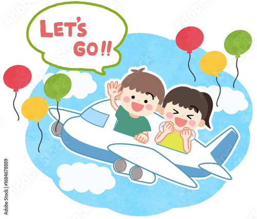 飛行機で旅行する子供たちのイラスト