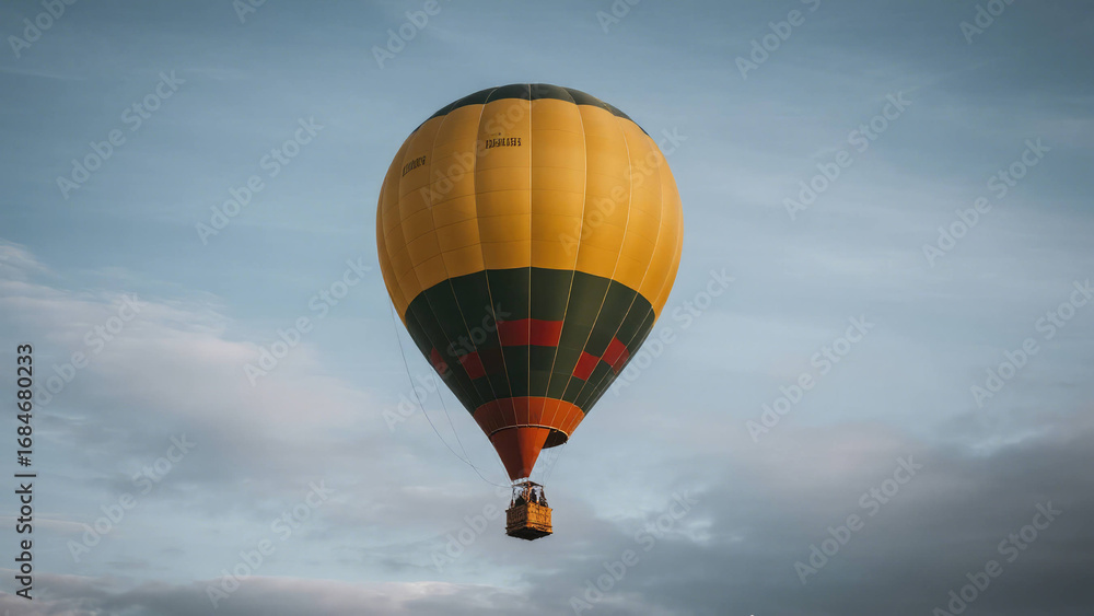 Naklejka premium Soaring High: A vivid yellow hot air balloon ascends gracefully against a sky, embarking on a scenic journey, painted with strokes of hope and limitless potential.
