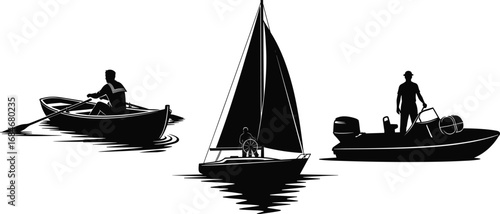 Silhouettes of rowboat, sailboat, and motorboat with people, showcasing different water transport methods and boating activities on water.