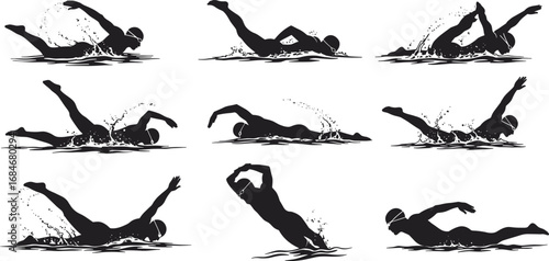 Silhouettes of professional swimmers in various swimming strokes with water splashes – freestyle, butterfly, backstroke, breaststroke, swimming action.