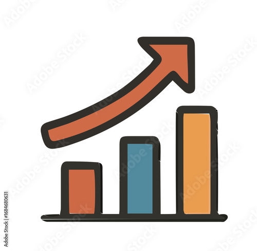 Bar chart with upward arrow, depicting business growth.