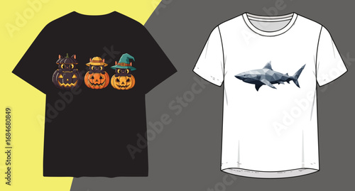 Two tshirts one black with halloween theme and one white with shark design