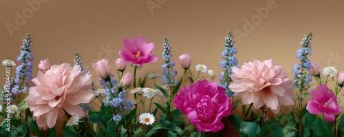 Dainty wildflowers forming a gentle border concept. A vibrant arrangement of beautiful blooming flowers in colors.