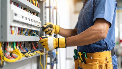 a man is repairing the voltage of a switchboard with an automatic switch.