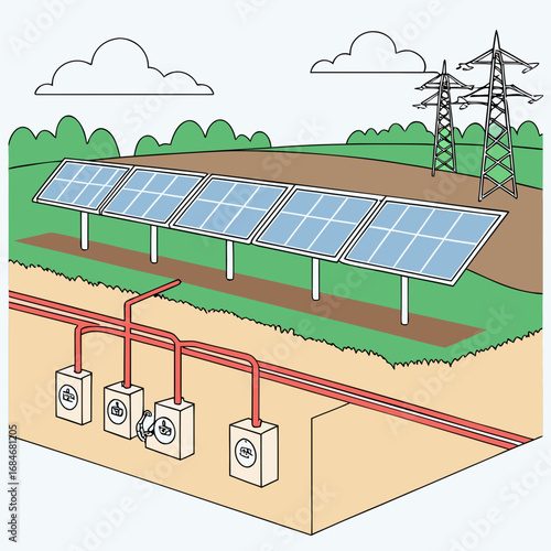 Illustration of a solar panel array in a field with power lines in the background, showing the underground electrical connections and the overall system setup on a light background