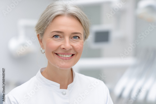 Free Download Confident female dentist smiling in white coat in modern dental clinic with bright and clean background - GFXLoad
