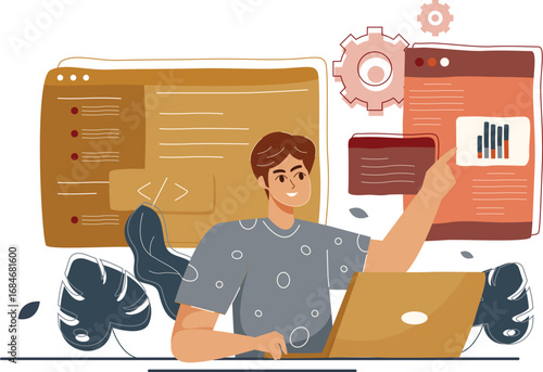 Flat Style Man Working On Laptop Development Website Illustration