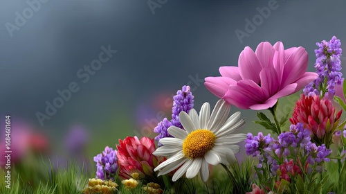 Dainty wildflowers forming a gentle border concept. Beautiful garden flowers in various colors blooming in spring.