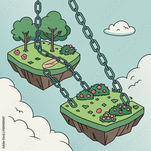 cartoon illustration of a boy and a girl on a swing