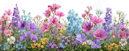 Dainty wildflowers forming a gentle border concept. A vibrant array of colorful blooming flowers in spring.