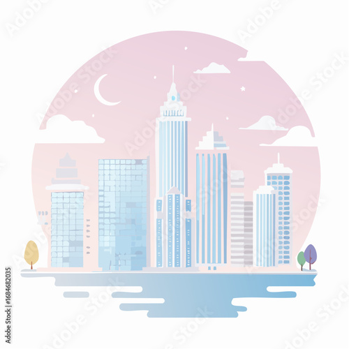 Surreal dreamlike vector city skyline with floating buildings and glowing moons in pastel colors. Minimal flat style, perfect for creative branding and design.