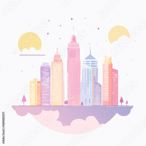 Surreal dreamlike vector city skyline with floating buildings and glowing moons in pastel colors. Minimal flat style, perfect for creative branding and design.