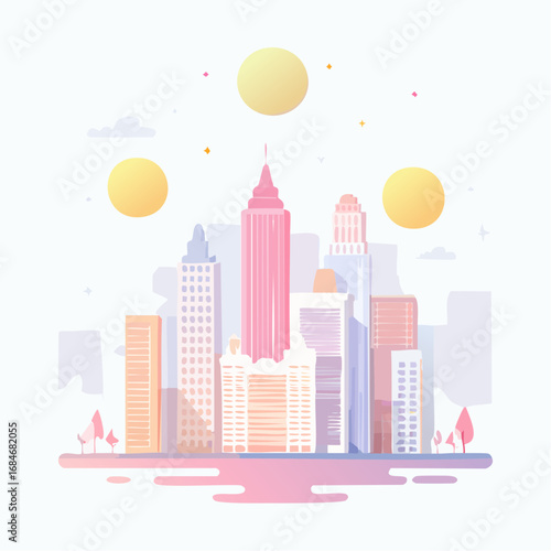 Surreal dreamlike vector city skyline with floating buildings and glowing moons in pastel colors. Minimal flat style, perfect for creative branding and design.
