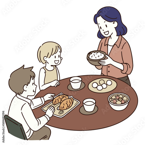 Warm and inviting vector illustration depicting a happy family enjoying a festive meal together around a table celebrating togetherness and good food