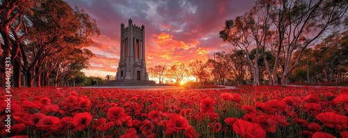 Red poppies displayed for remembrance day concept. Vibrant sunset over a poppy field with a tower in the distance.