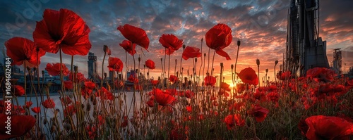Red poppies displayed for remembrance day concept. A vibrant sunset glow over a field of red poppy flowers.