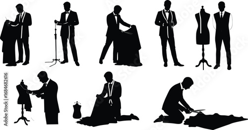 Silhouettes of tailor measuring fabric, cutting cloth, working with dress forms, sewing, designing clothes, professional fashion tailoring.